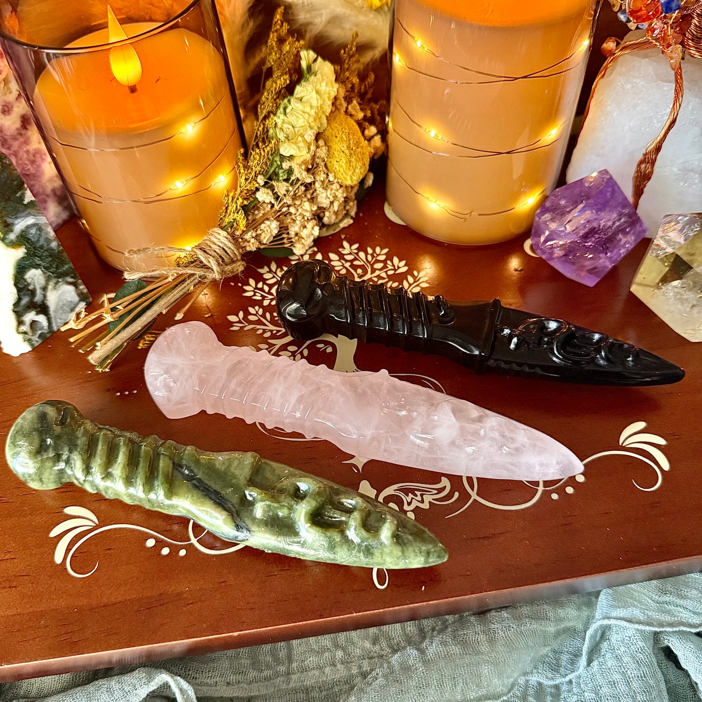 Dagger Carved Crystal, Jade, Rose Quartz, Black Obsidian