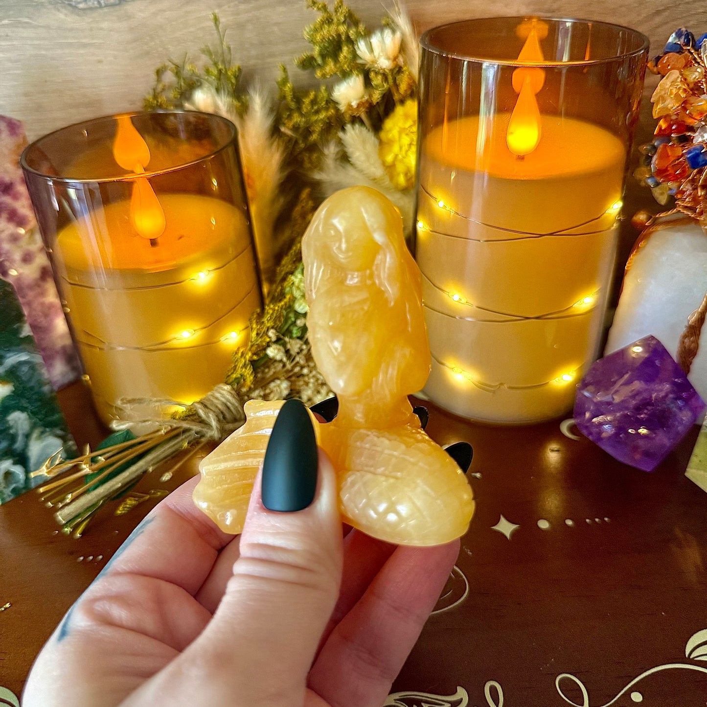 Mermaid Carving, Pink Jade, Orange Calcite