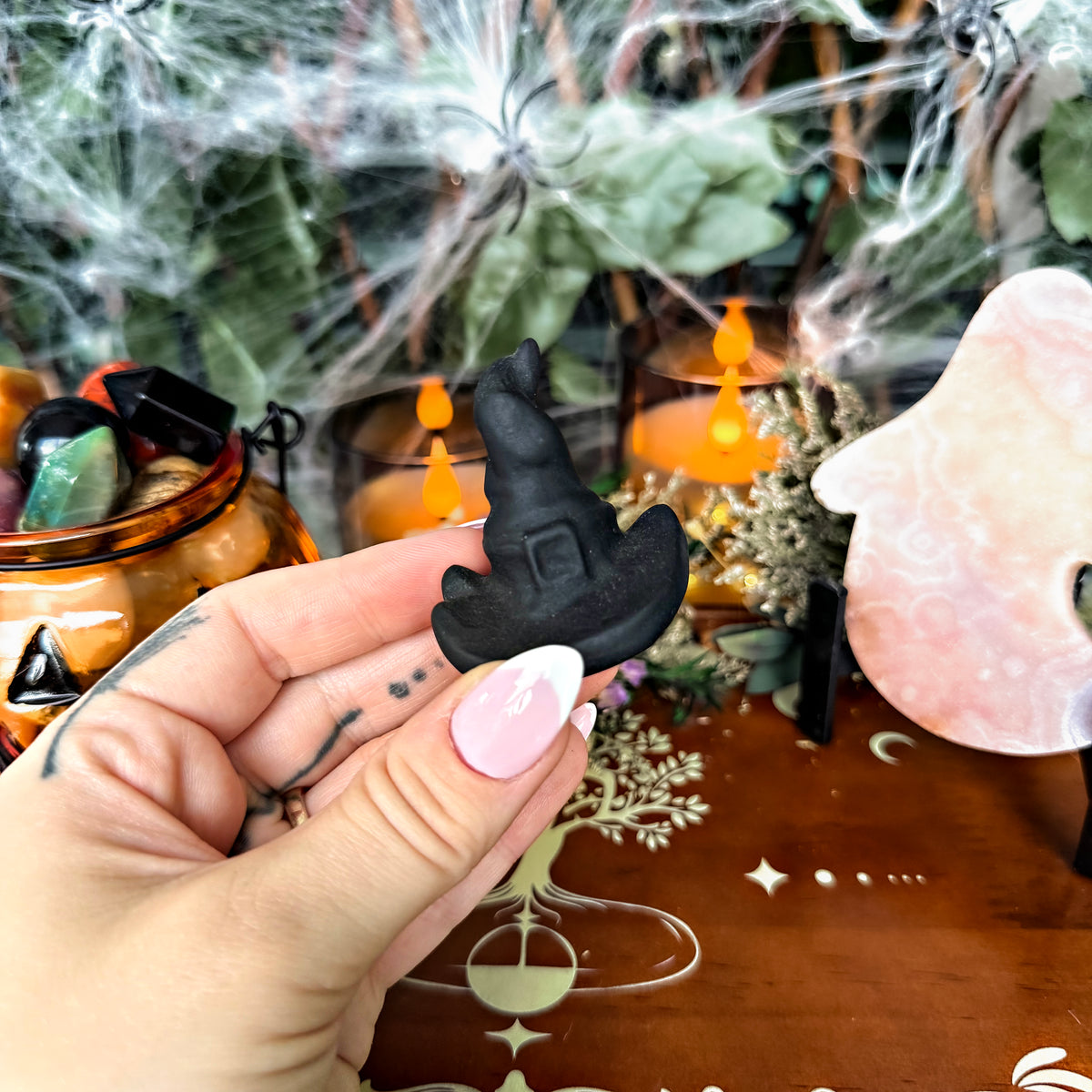 Matte Black Obsidian Witch Hat, Negativity Stone, Protection