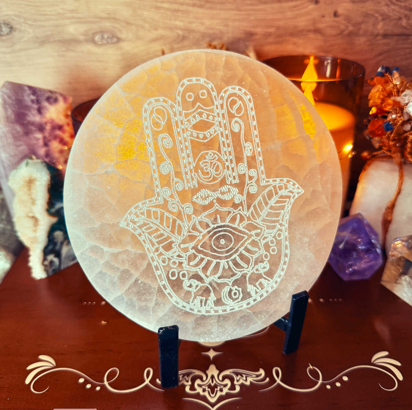 Selenite Charging Plate, Hamsa Hand, Powerful Cleansing & Healing Stone