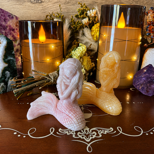 Mermaid Carving, Pink Jade, Orange Calcite