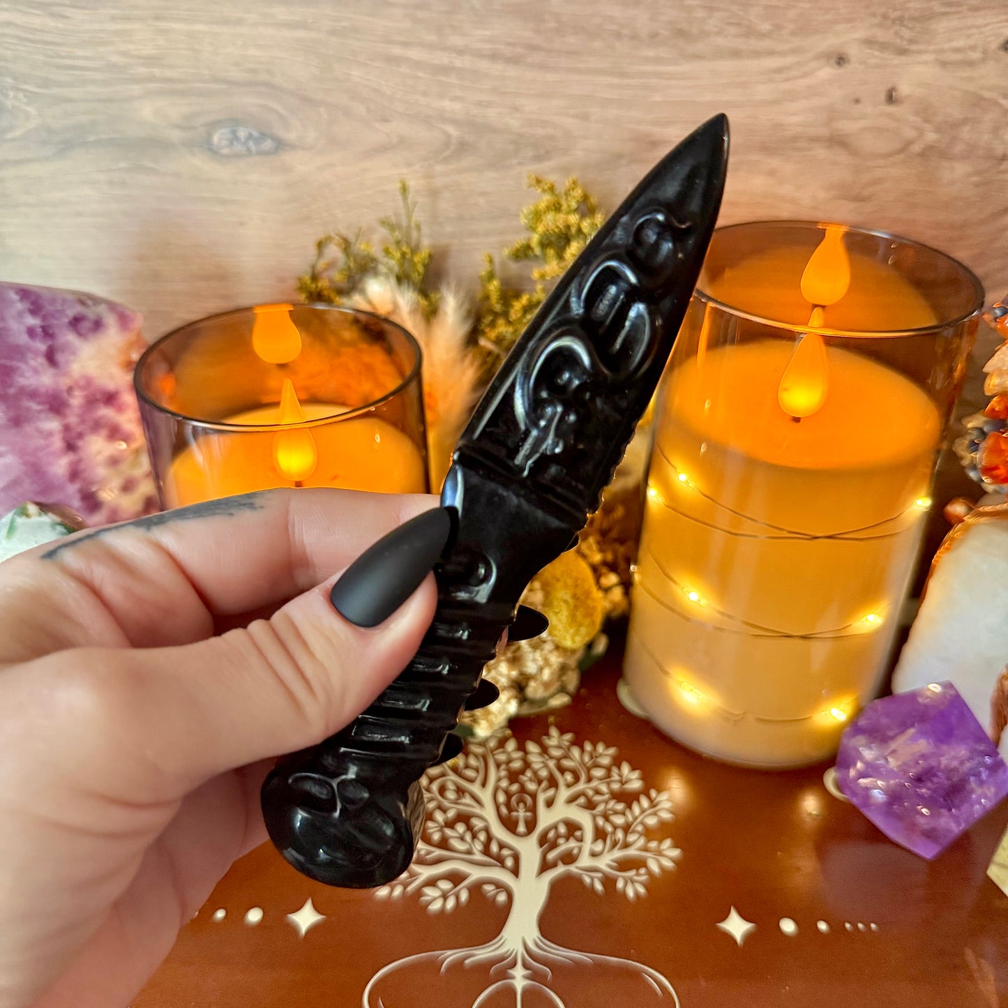 Dagger Carved Crystal, Jade, Rose Quartz, Black Obsidian