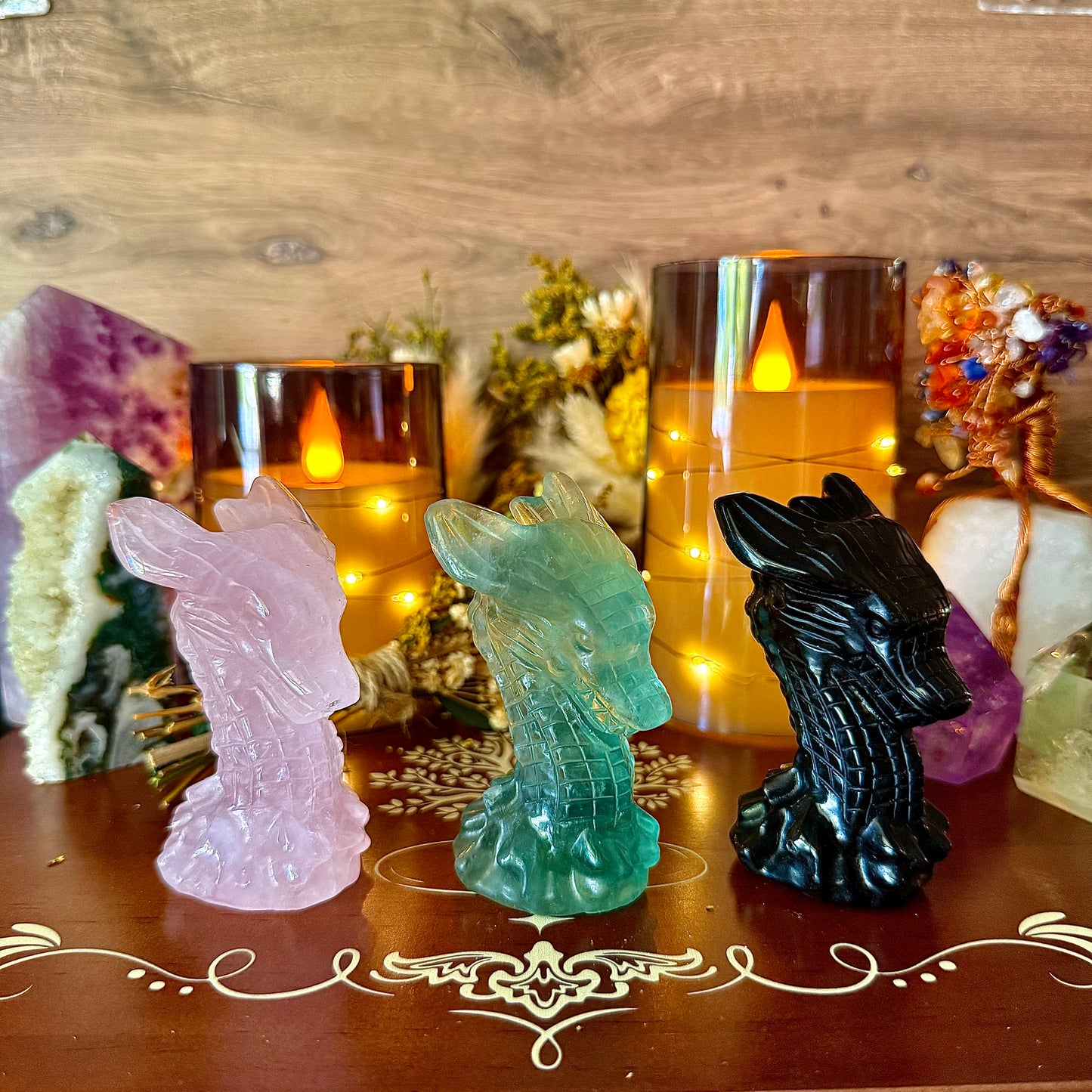 Dragon Head Carving, Fluorite, Rose Quartz, Obsidian, Yooperlite