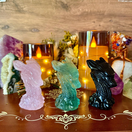 Dragon Head Carving, Fluorite, Rose Quartz, Obsidian, Yooperlite