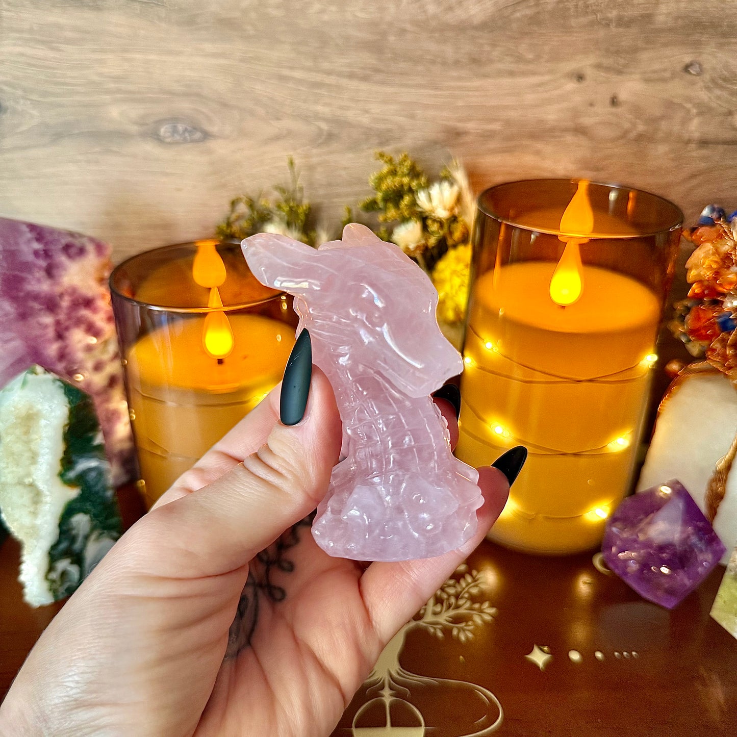Dragon Head Carving, Fluorite, Rose Quartz, Obsidian, Yooperlite