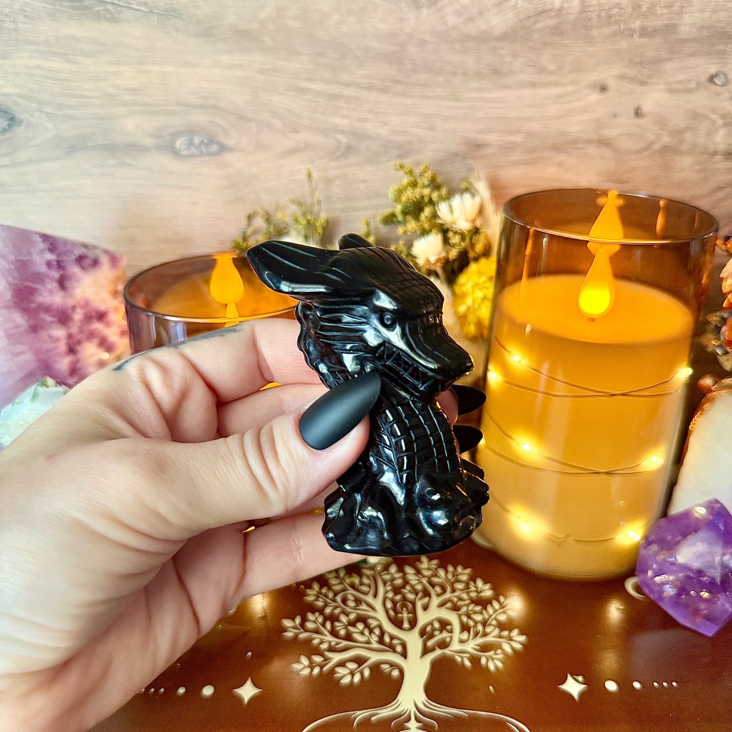 Dragon Head Carving, Fluorite, Rose Quartz, Obsidian, Yooperlite