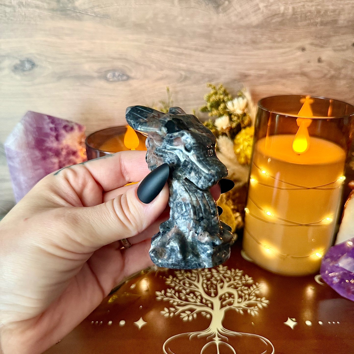 Dragon Head Carving, Fluorite, Rose Quartz, Obsidian, Yooperlite