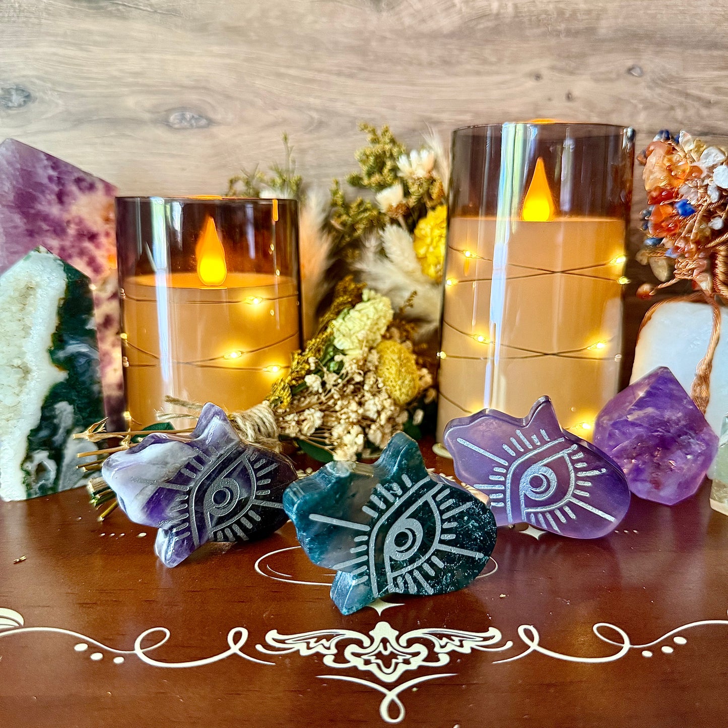 Assorted Hamsa Carving, Dream Amethyst, Moss Agate, Fluorite