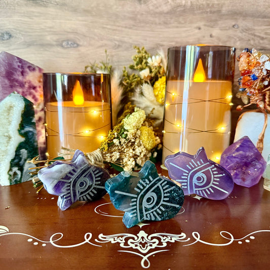 Assorted Hamsa Carving, Dream Amethyst, Moss Agate, Fluorite