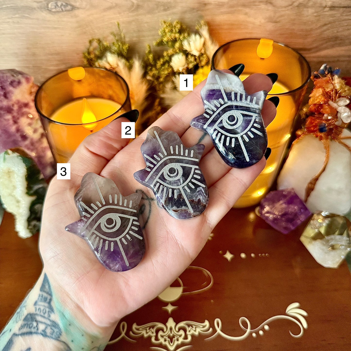Assorted Hamsa Carving, Dream Amethyst, Moss Agate, Fluorite