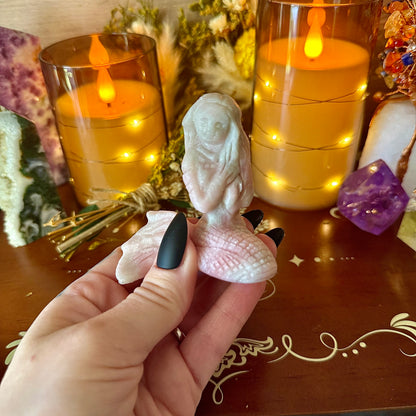 Mermaid Carving, Pink Jade, Orange Calcite