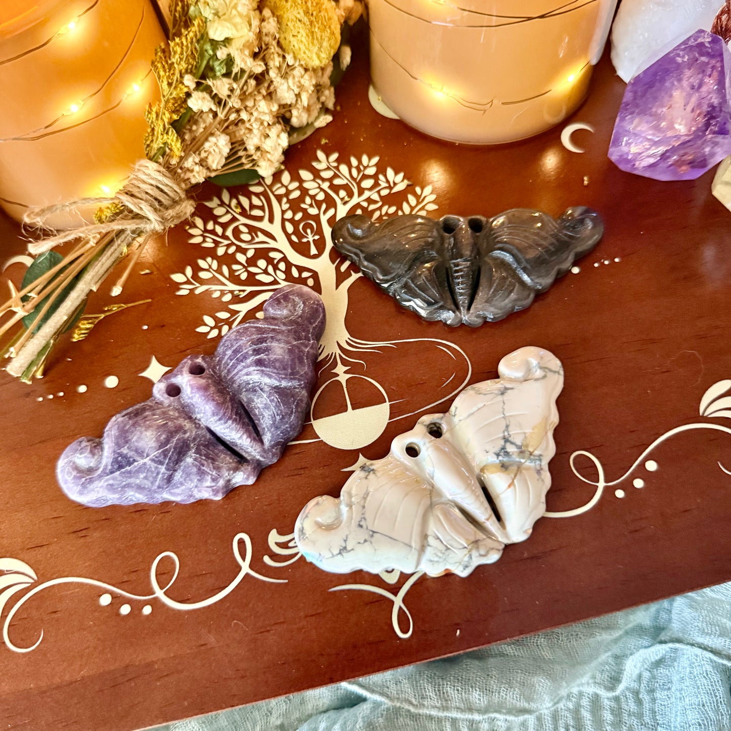Assorted Butterfly Carving, Lepidolite, Aura Howlite, Obsidian, Fluorite