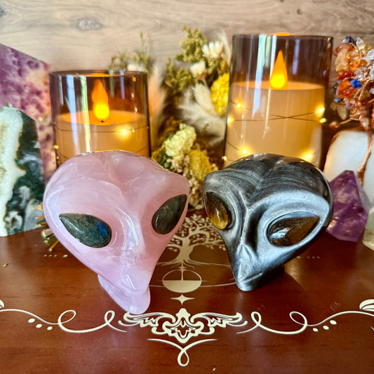Large Alien Head, Rose Quartz, Silver Sheen Obsidian