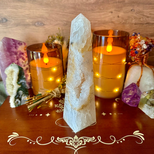 Large Yellow Druzy Quartz Tower, High Vibrating, Master Healer