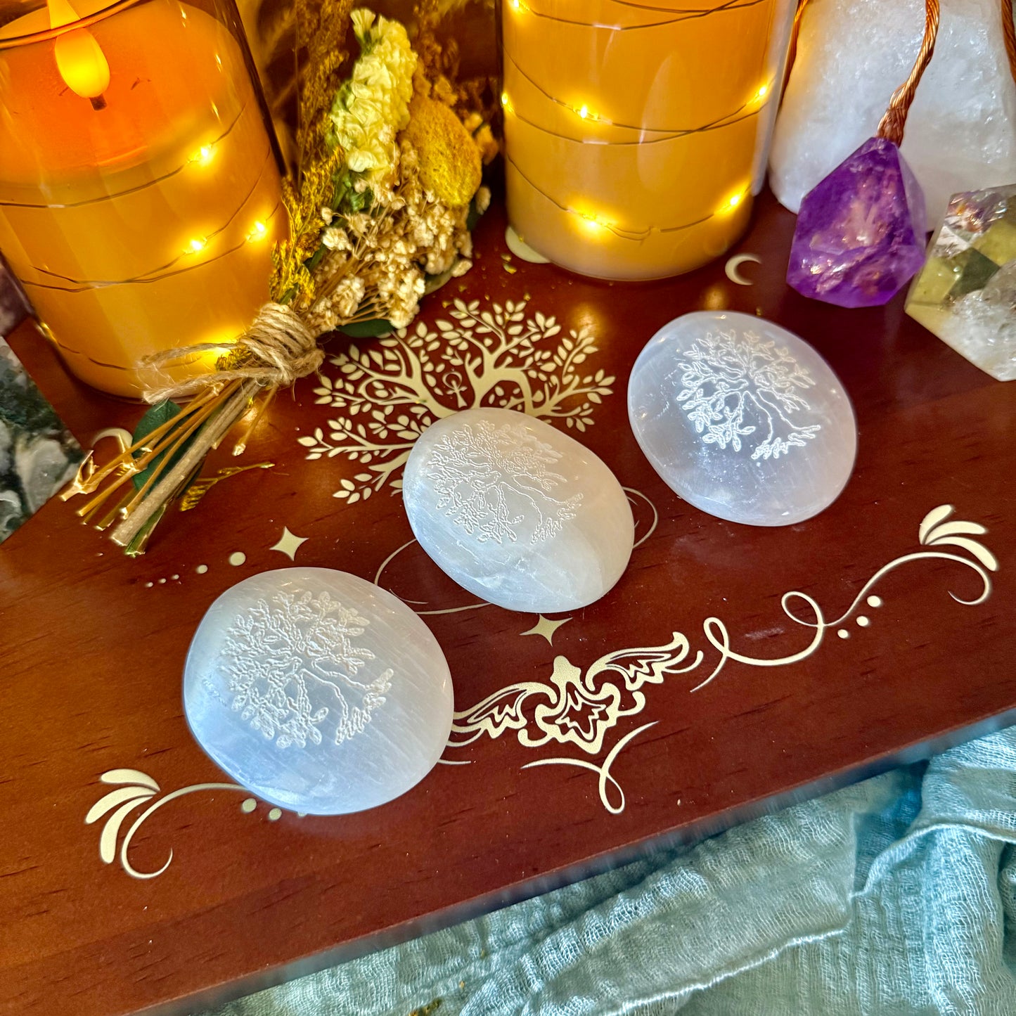 Selenite Tree Of Life Palmstone, Powerful Healing & Cleansing