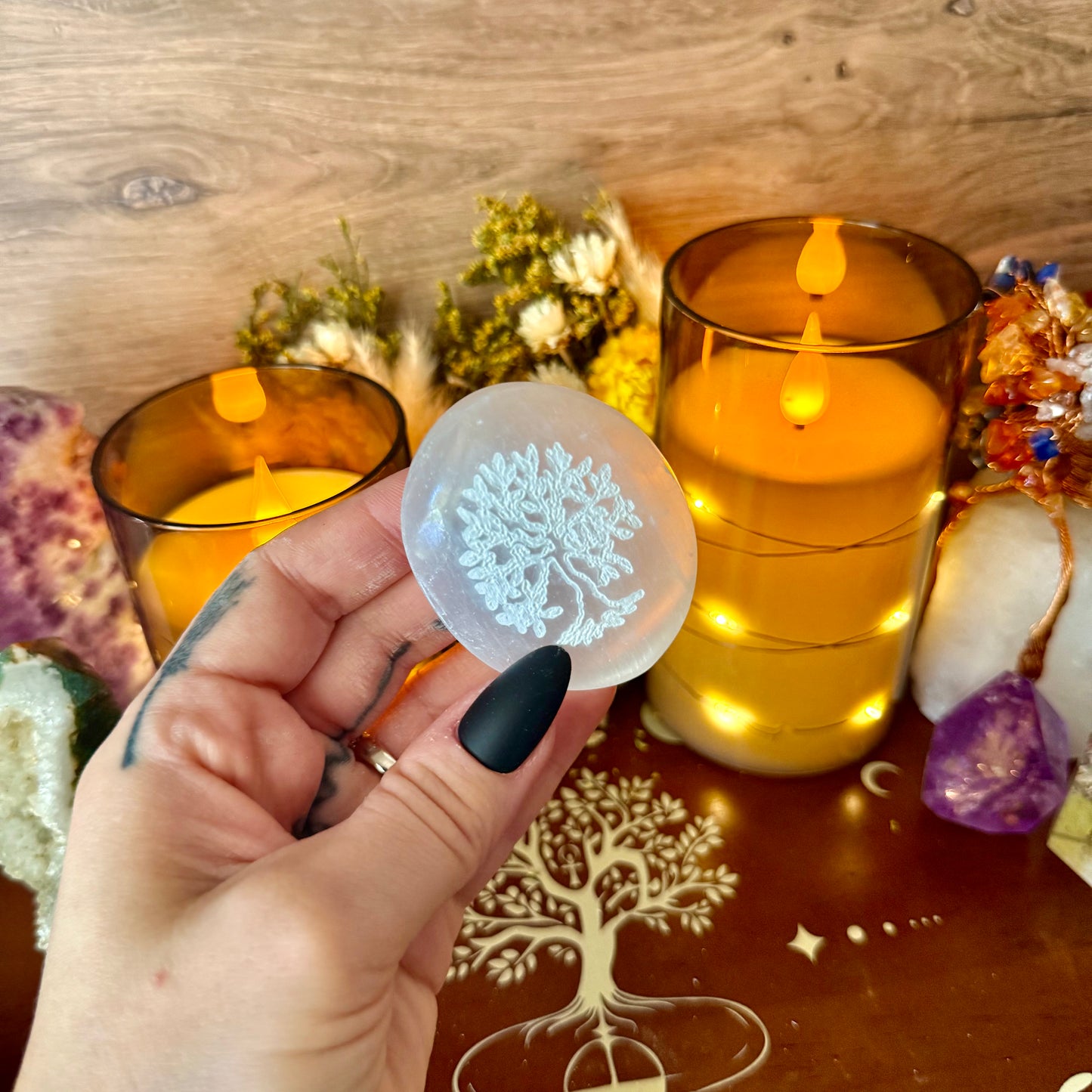 Selenite Tree Of Life Palmstone, Powerful Healing & Cleansing