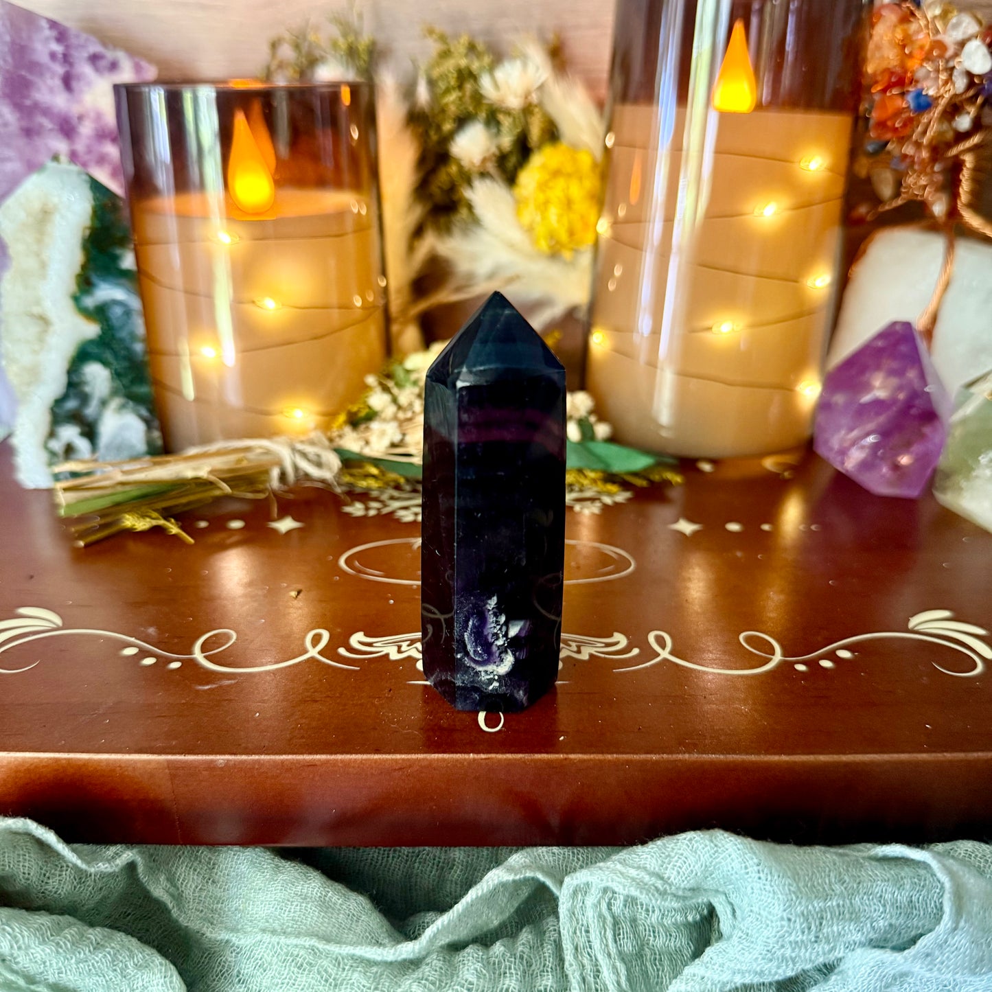 Dark Rainbow Fluorite Tower, Detoxing & Negativity Stone