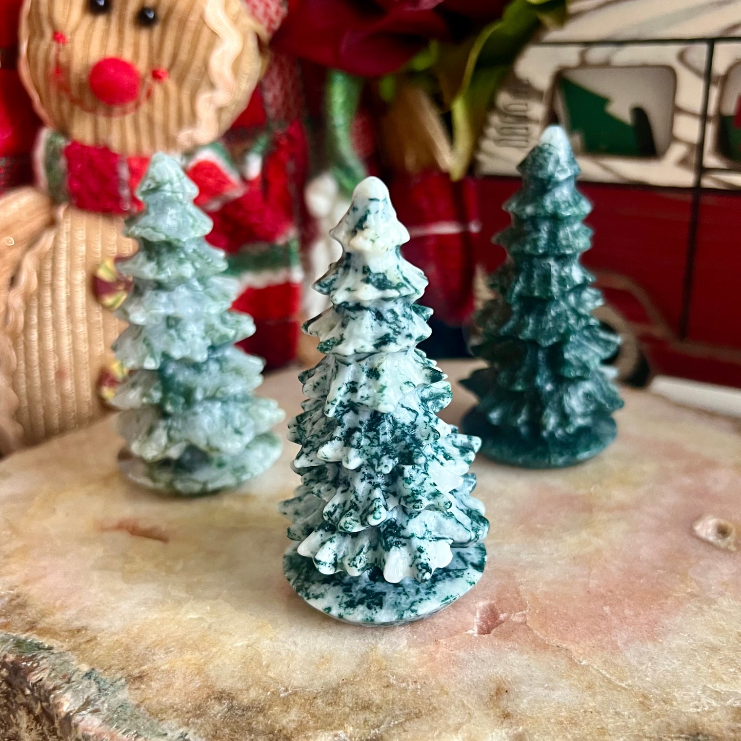 Moss Agate Carved Christmas Trees, New Beginnings & Creativity Stone