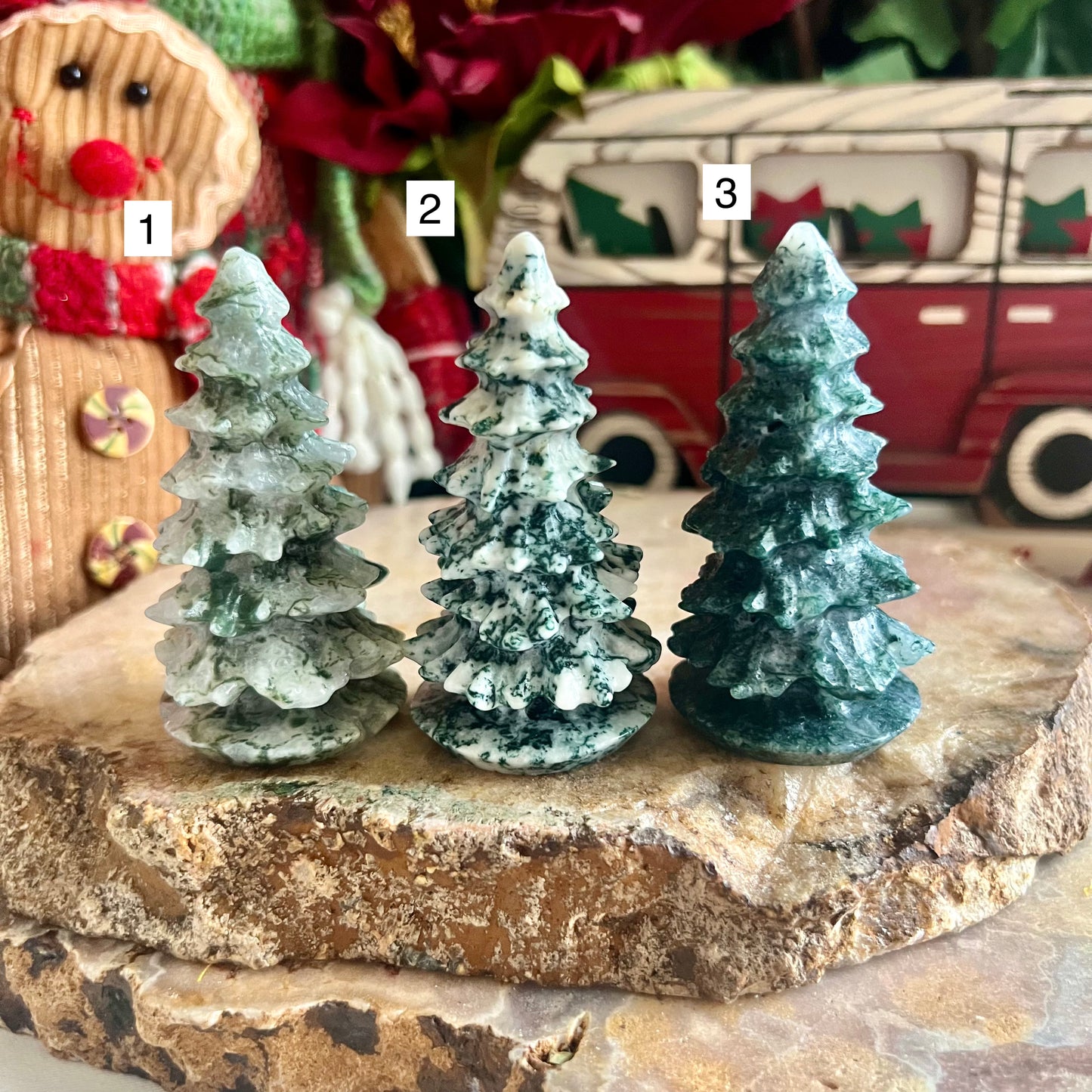 Moss Agate Carved Christmas Trees, New Beginnings & Creativity Stone