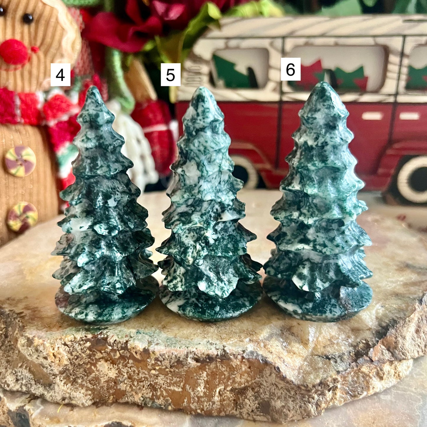 Moss Agate Carved Christmas Trees, New Beginnings & Creativity Stone