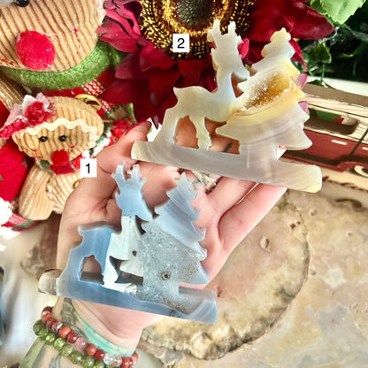 Druzy Blue Agate Christmas Tree Reindeer, Grounding, Calming & Soothing