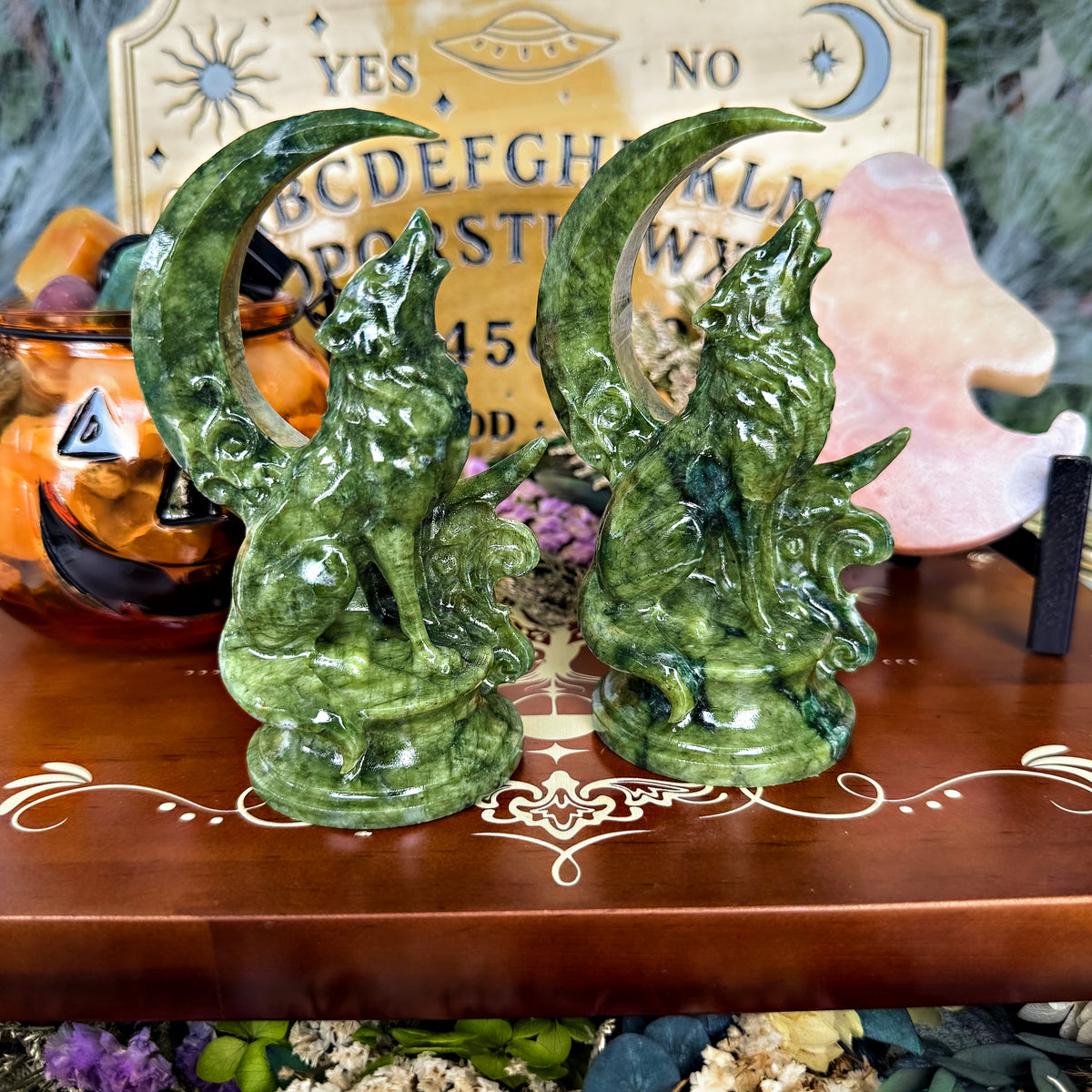 Serpentine Moon & Howling Wolf Carving, Healing & Aura Cleansing Stone