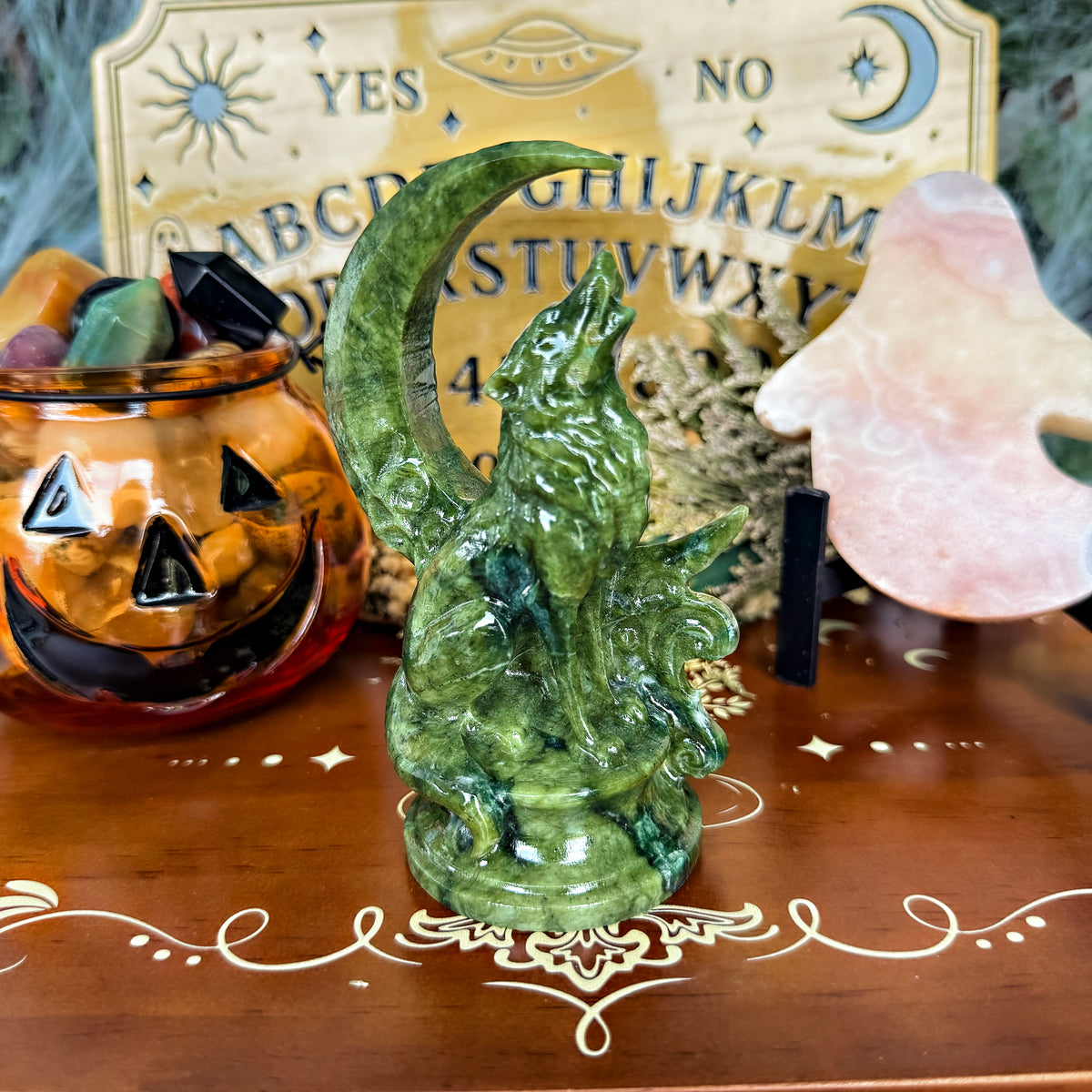 Serpentine Moon & Howling Wolf Carving, Healing & Aura Cleansing Stone