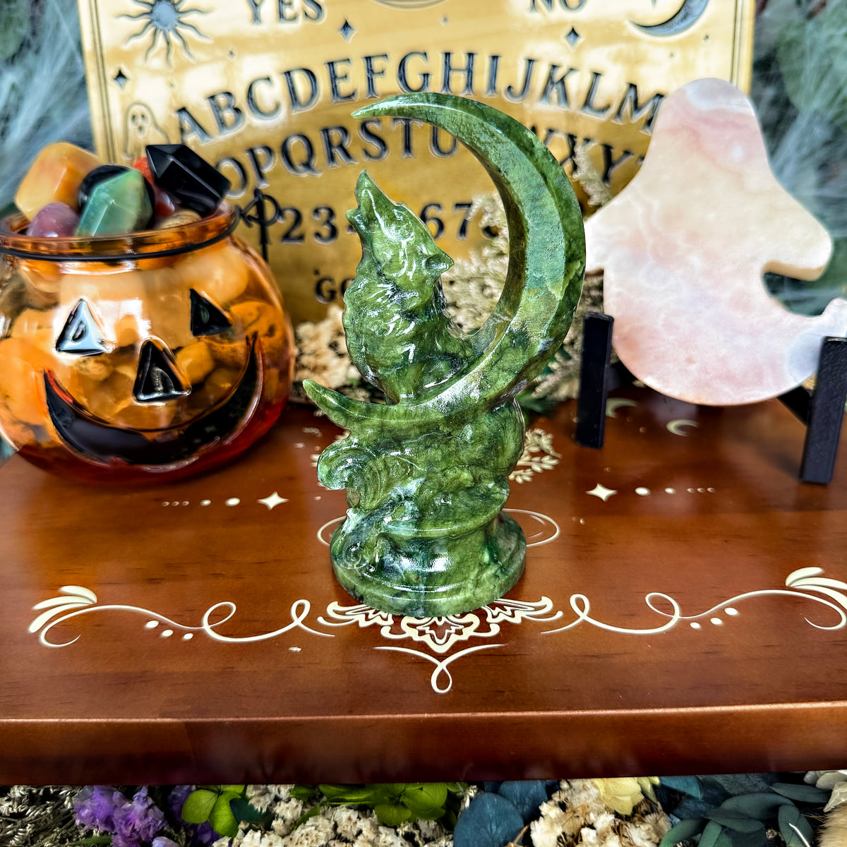 Serpentine Moon & Howling Wolf Carving, Healing & Aura Cleansing Stone