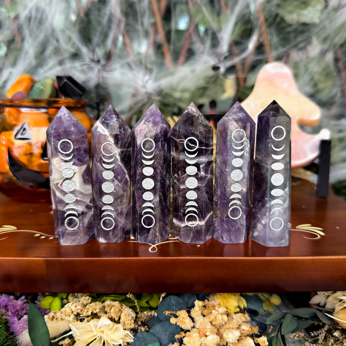 Dream Amethyst Etched Moon Phase Tower, Stress Relieving, Third Eye Chakra