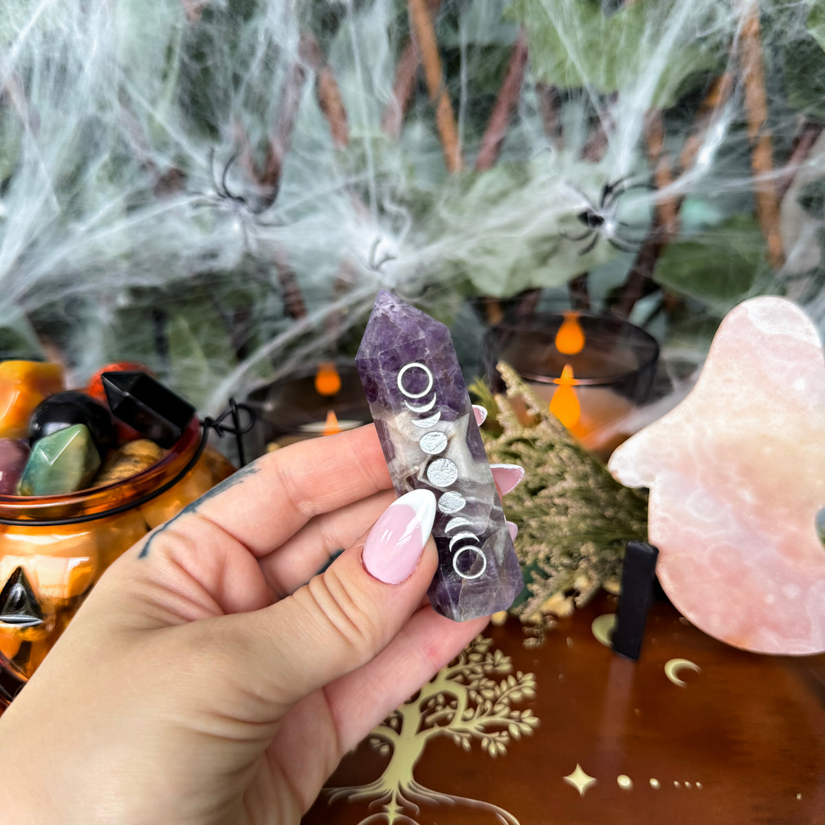 Dream Amethyst Etched Moon Phase Tower, Stress Relieving, Third Eye Chakra