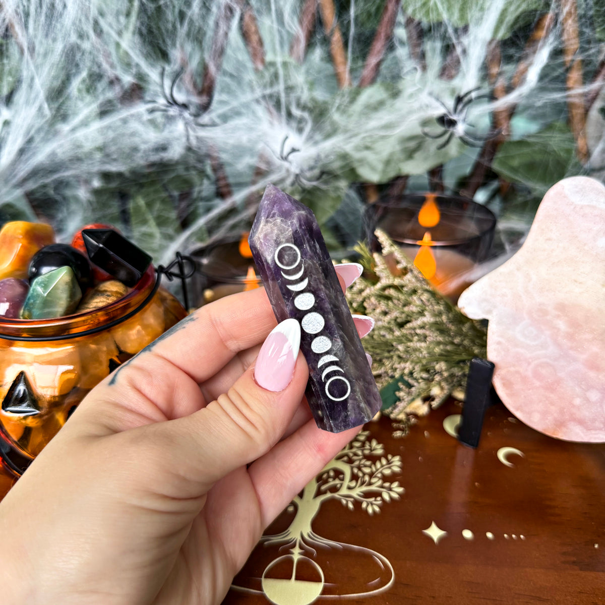 Dream Amethyst Etched Moon Phase Tower, Stress Relieving, Third Eye Chakra