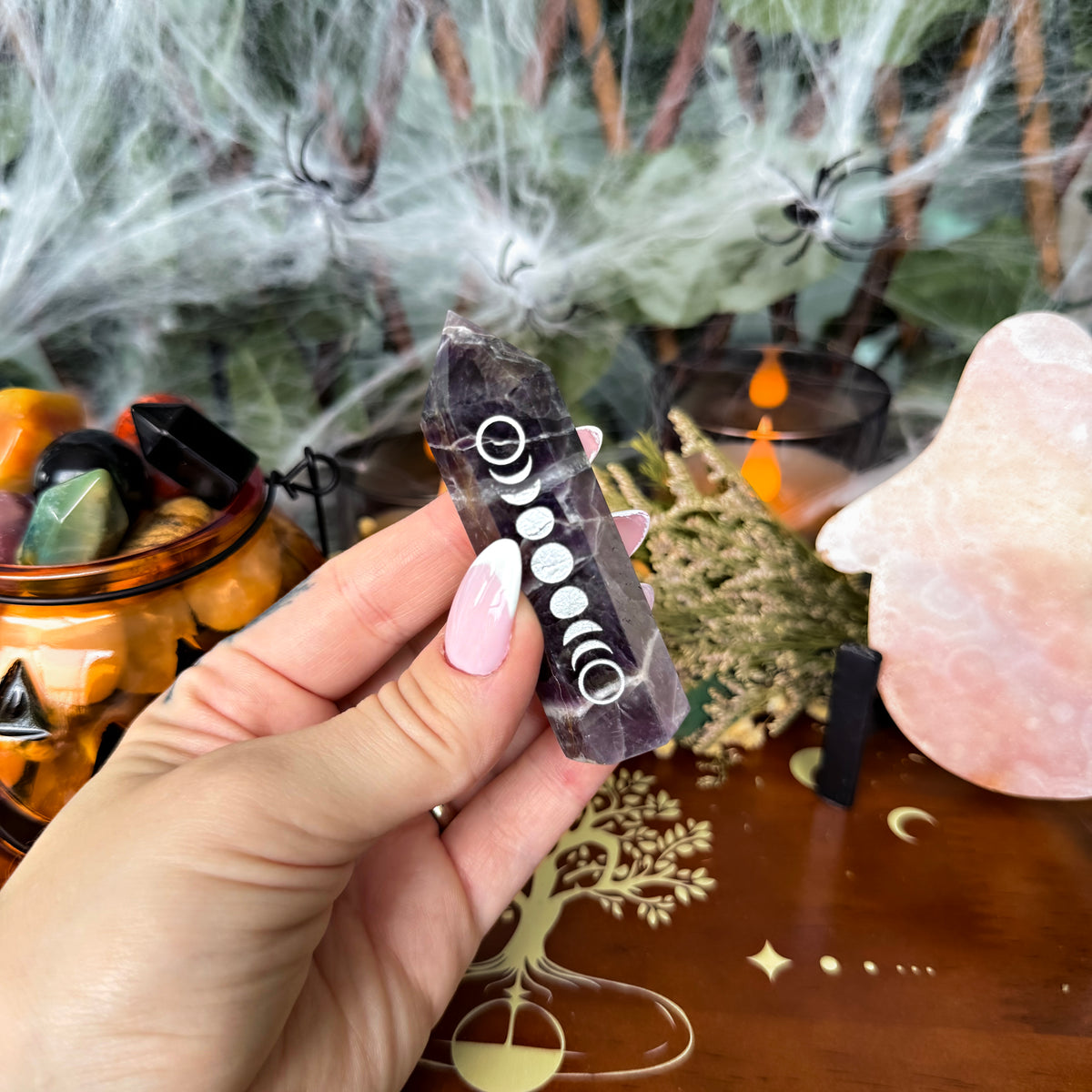 Dream Amethyst Etched Moon Phase Tower, Stress Relieving, Third Eye Chakra