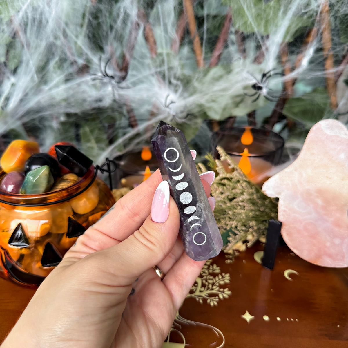 Dream Amethyst Etched Moon Phase Tower, Stress Relieving, Third Eye Chakra