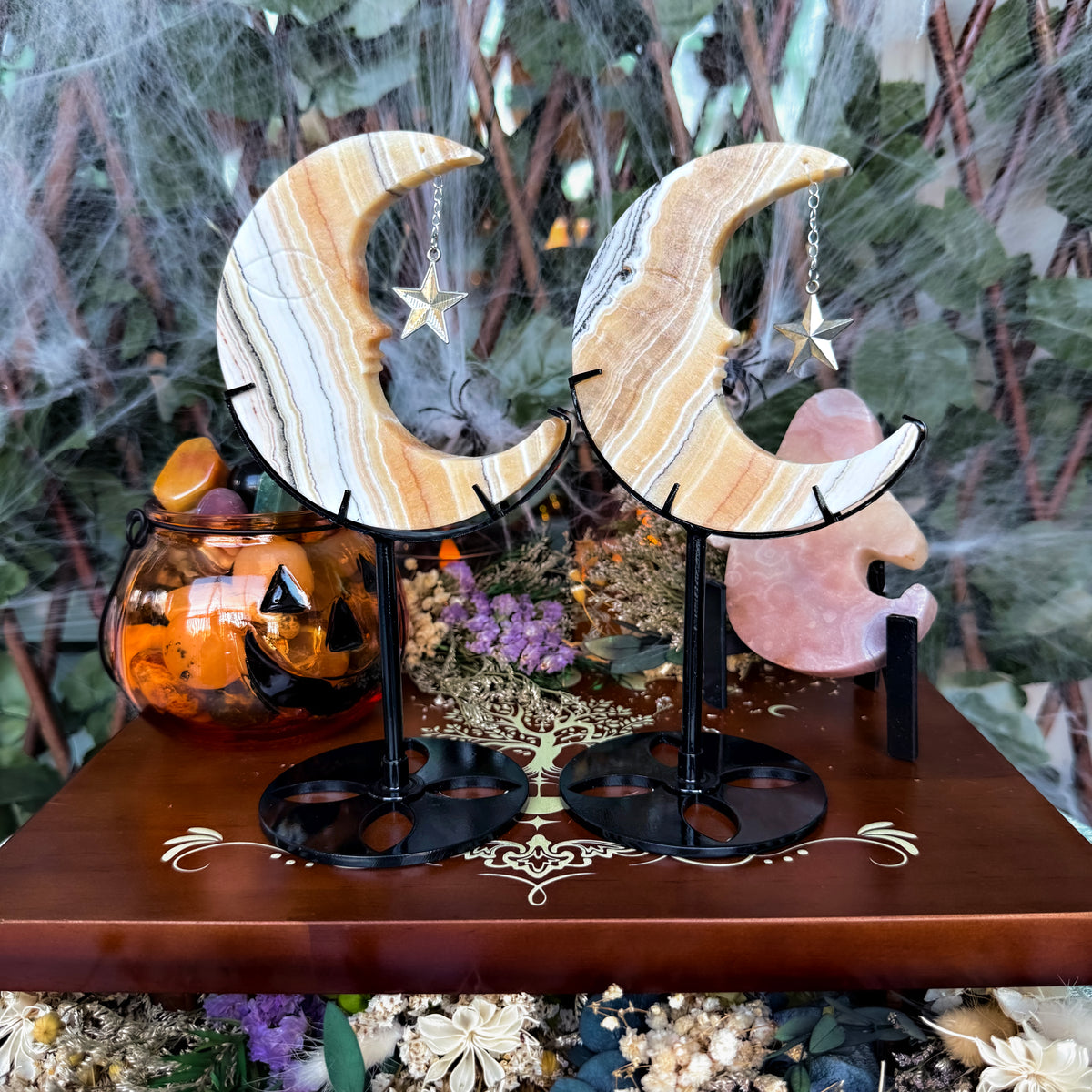 Dendritic Orange Calcite Moon Carving, Joy & Happiness, Emotional Balance