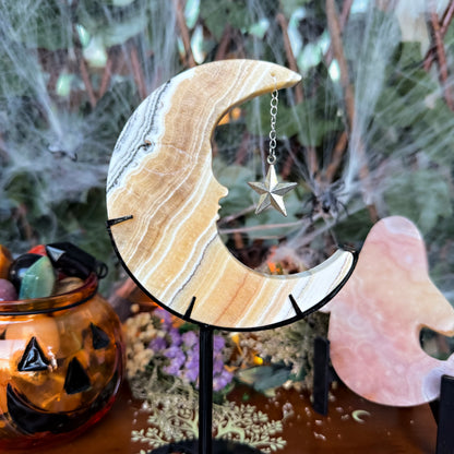 Dendritic Orange Calcite Moon Carving, Joy & Happiness, Emotional Balance