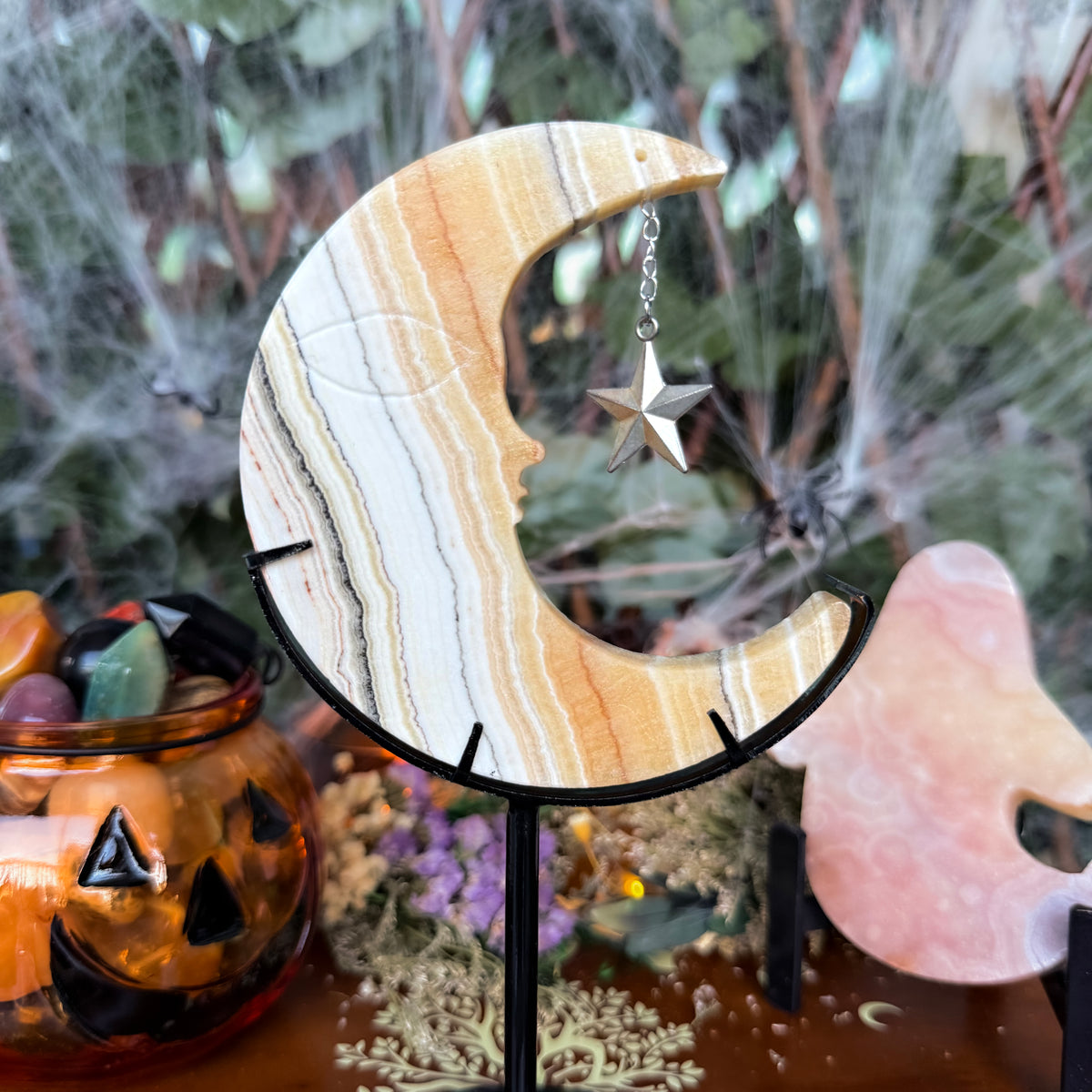 Dendritic Orange Calcite Moon Carving, Joy & Happiness, Emotional Balance