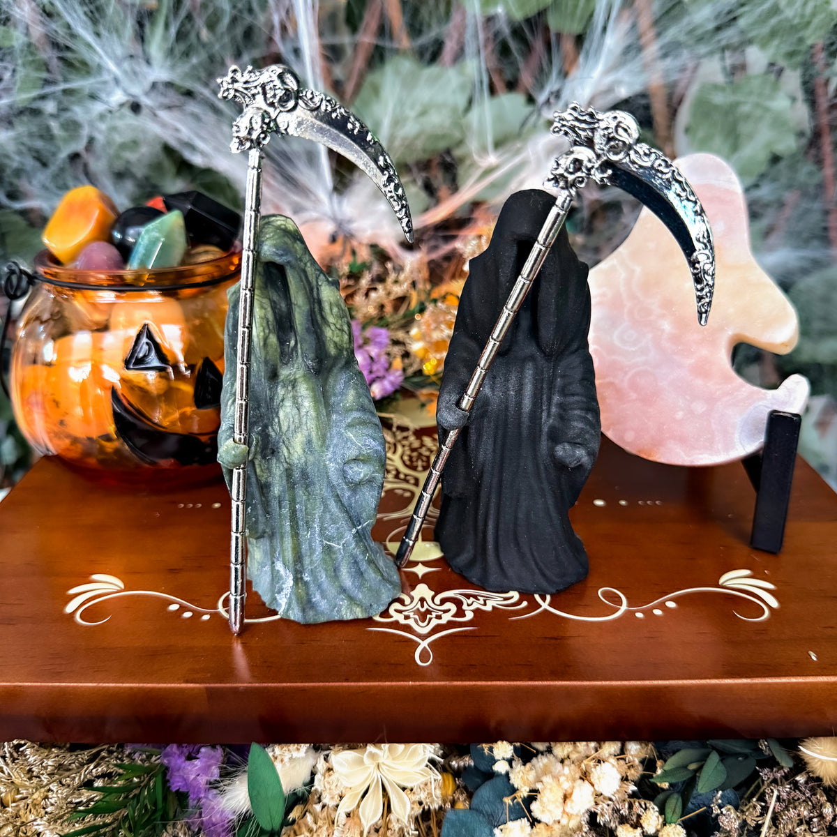 Grim Reaper Carving, Serpentine & Black Obsidian, Spooky Crystals