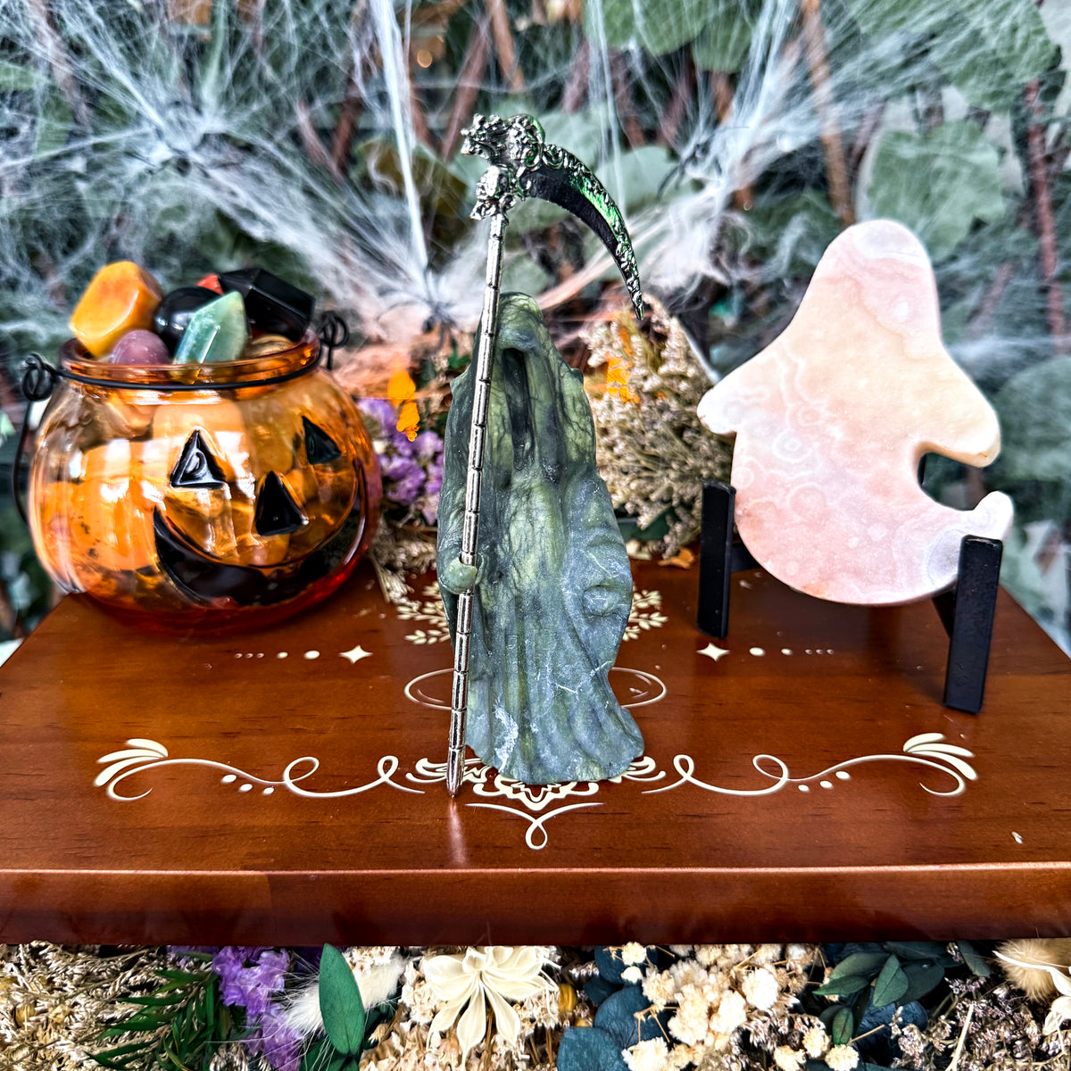 Grim Reaper Carving, Serpentine & Black Obsidian, Spooky Crystals