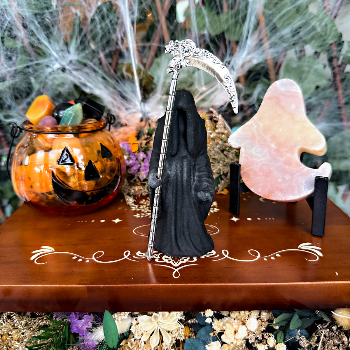 Grim Reaper Carving, Serpentine & Black Obsidian, Spooky Crystals