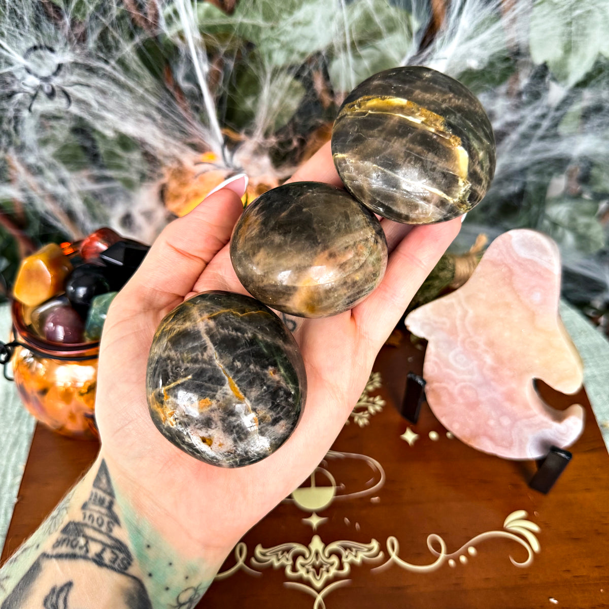 Black Moonstone Palm Stone, New Beginnings, Grounding Stone