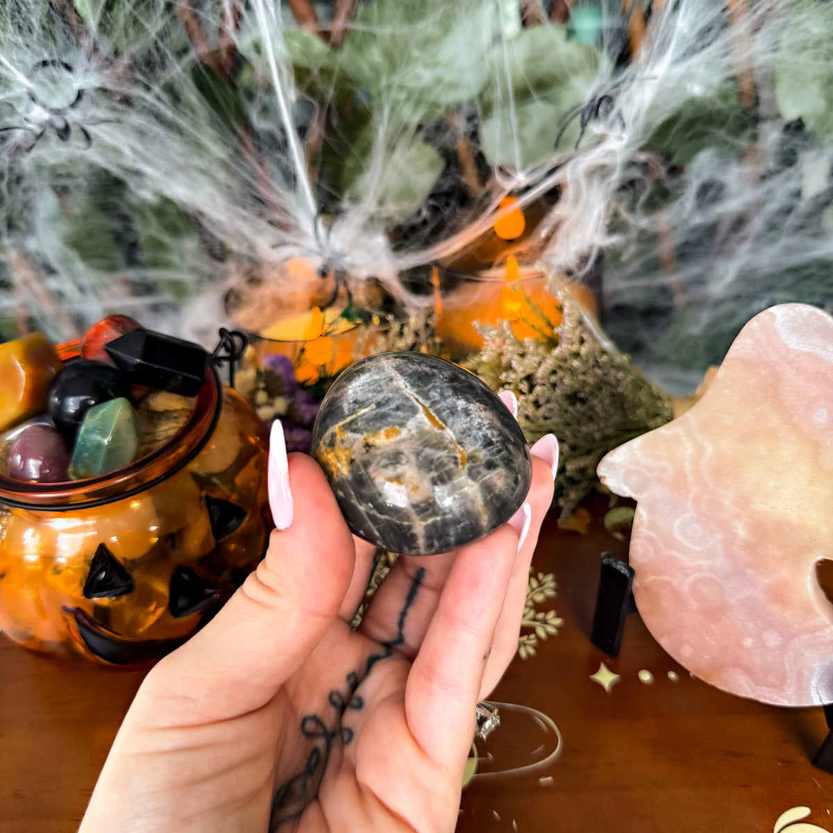 Black Moonstone Palm Stone, New Beginnings, Grounding Stone