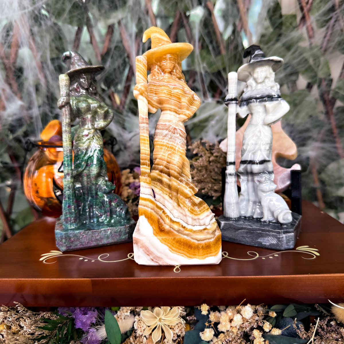 Witch With Familiar Carving, Assorted Crystals, Choose Your Own!