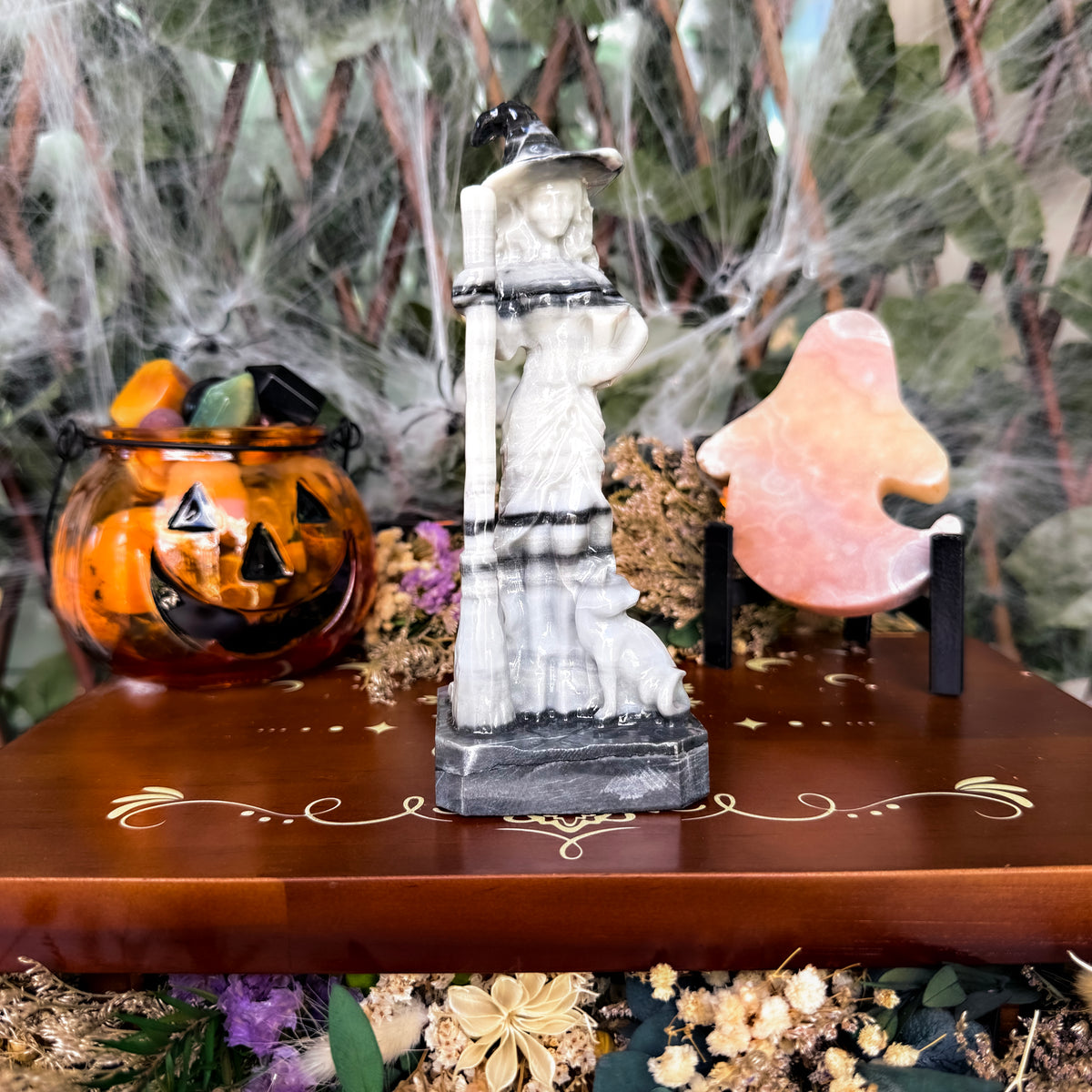 Witch With Familiar Carving, Assorted Crystals, Choose Your Own!