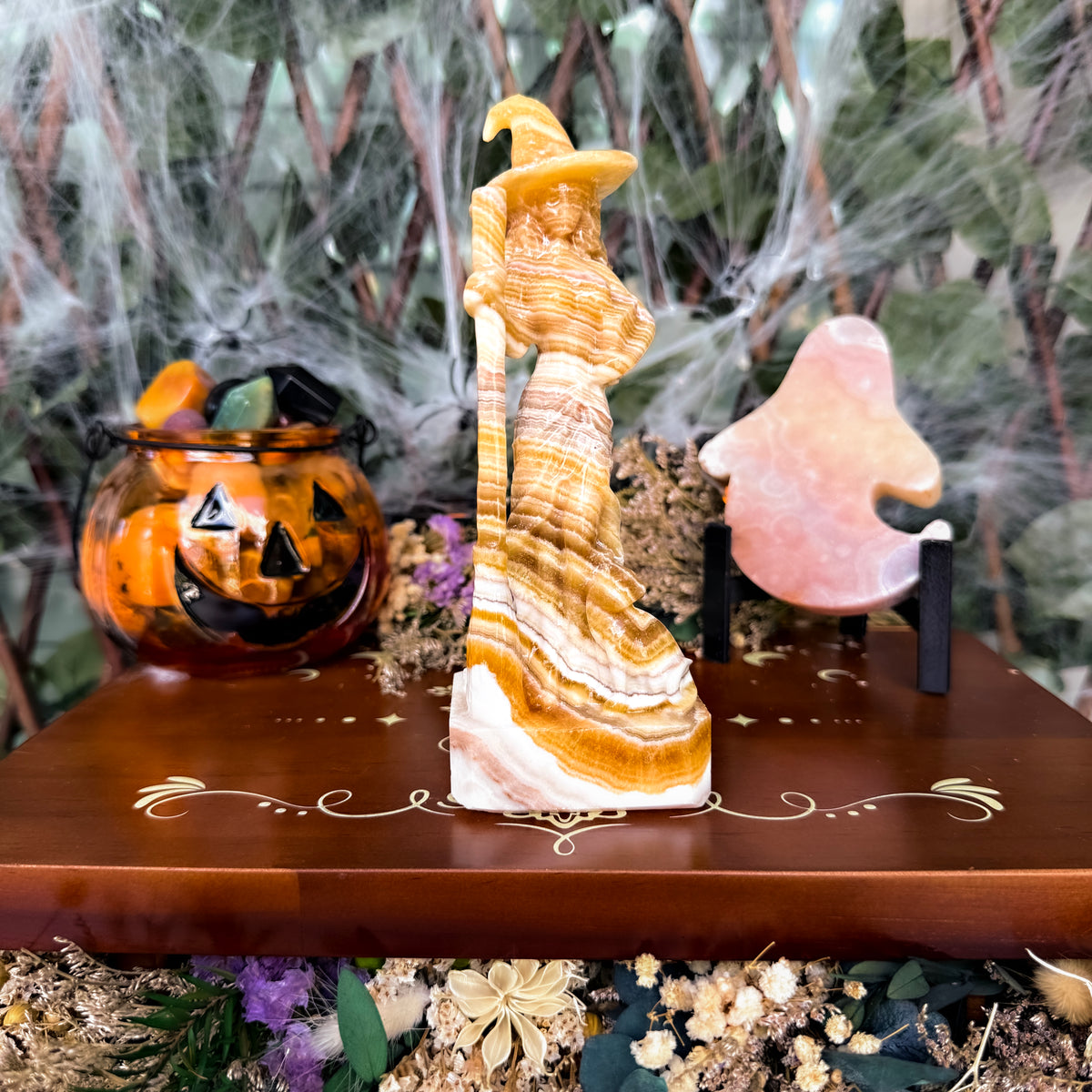 Witch With Familiar Carving, Assorted Crystals, Choose Your Own!
