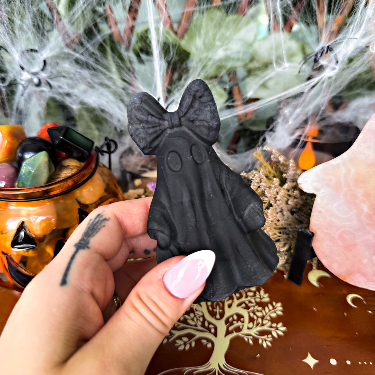Girly Black Obsidian Ghost Carving, Negativity Stone, Protection