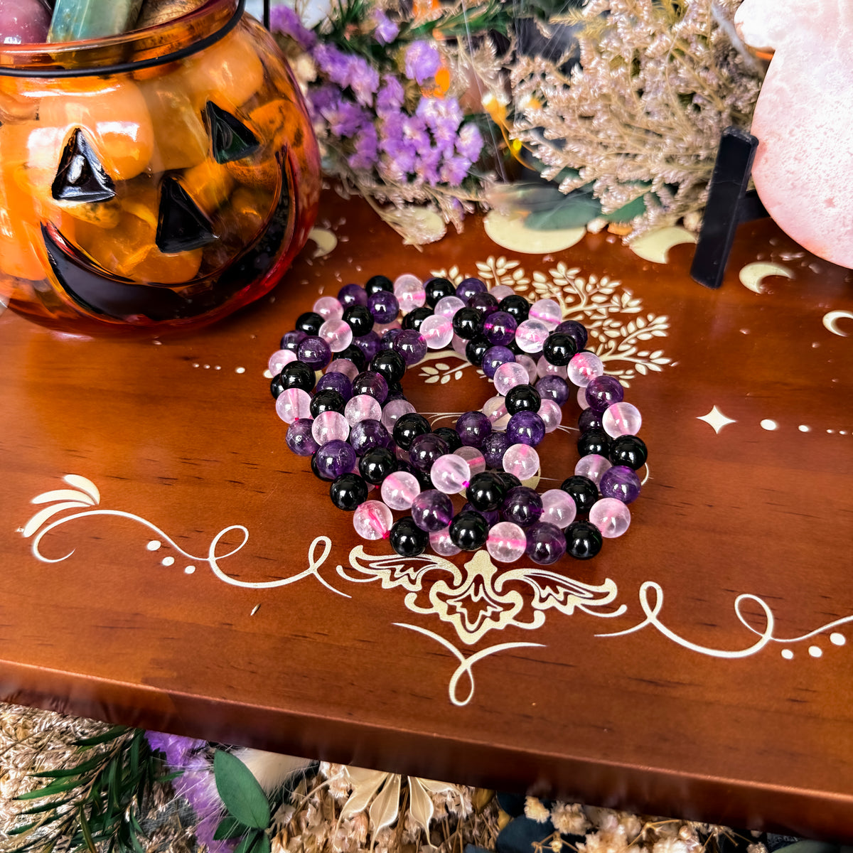 Amethyst, Black Obsidian & Rose Quartz 8mm Bracelet