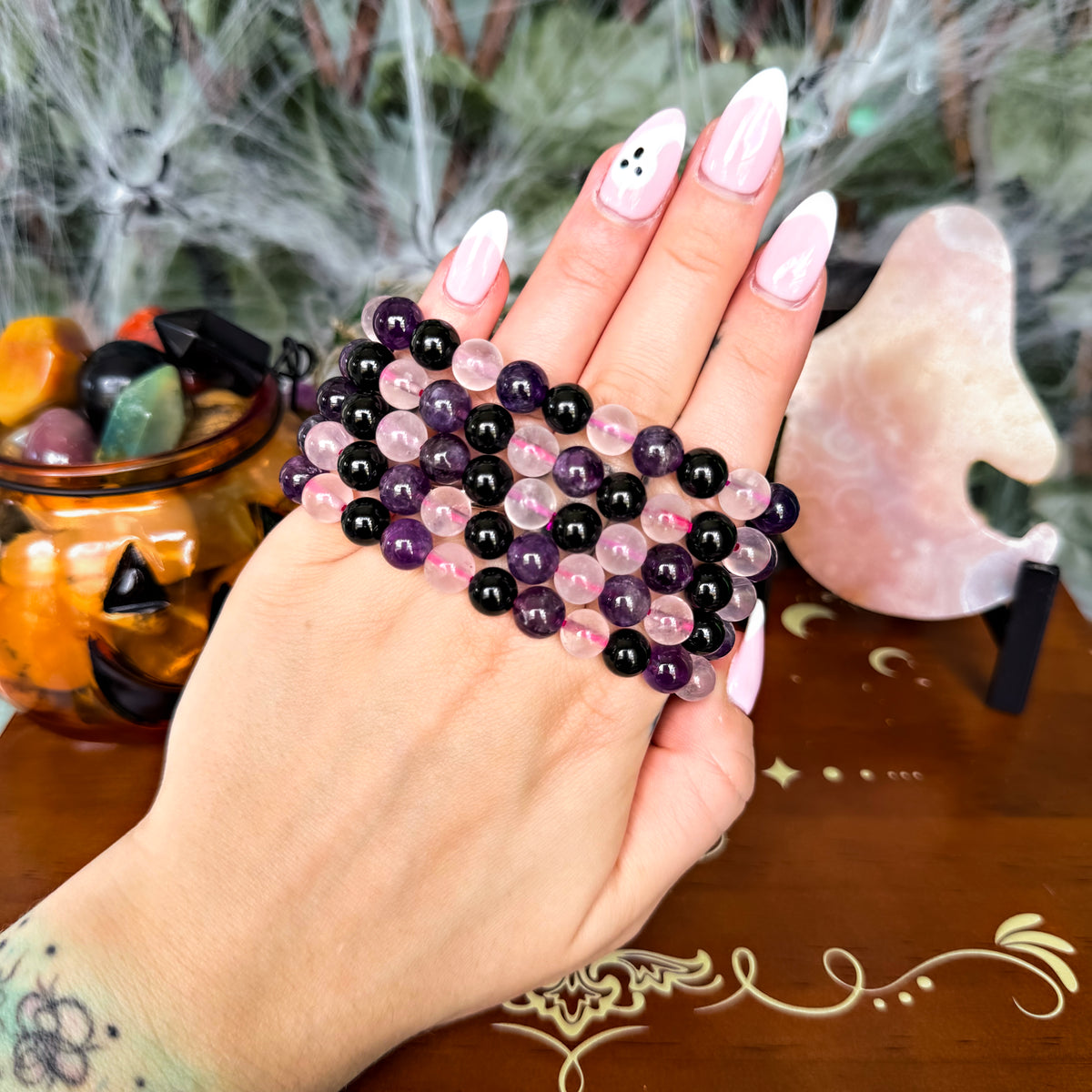 Amethyst, Black Obsidian & Rose Quartz 8mm Bracelet