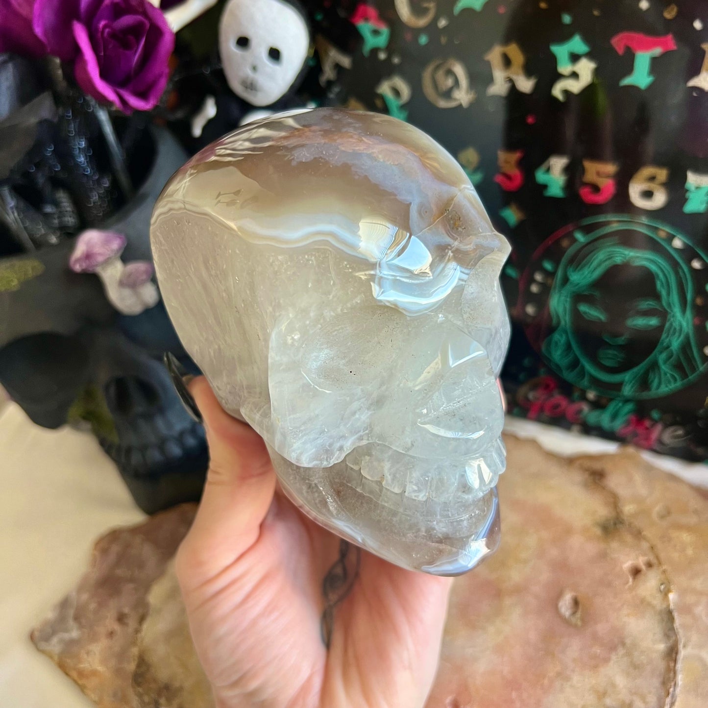 Large Blue Banded Agate & Quartz Skull, My Own Personal Collection!