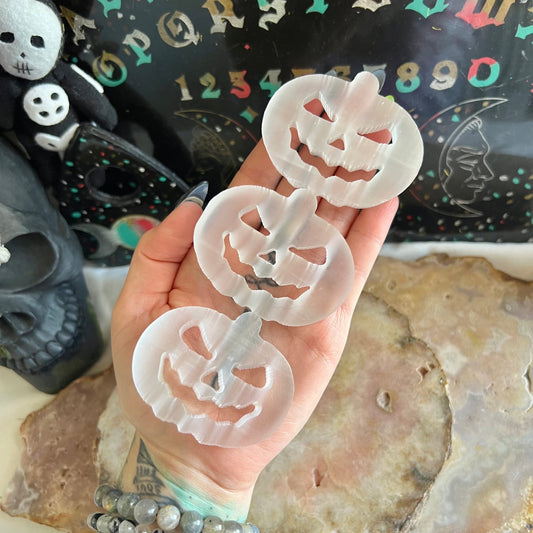 Selenite Carved Jack-O-Lantern, Powerful Cleansing & Healing Stone