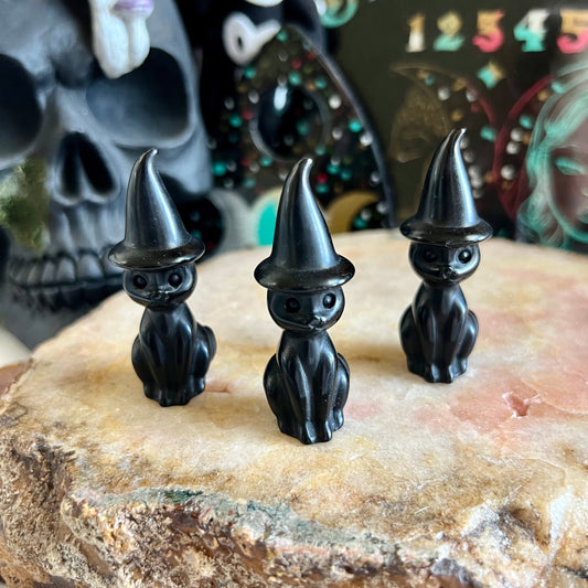 Small Black Obsidian Witch Cat, Powerful Protection, Negativity Stone